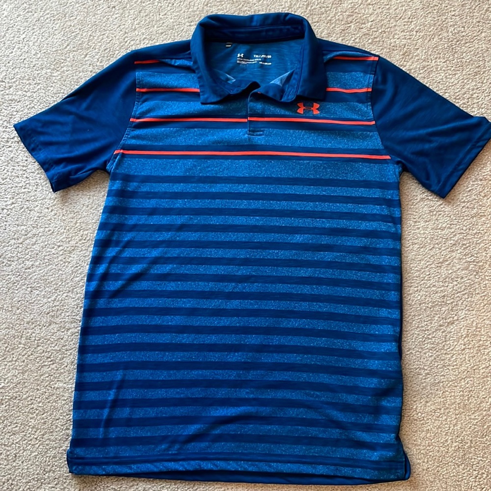 Used Under Armour Heat Gear Polo size Youth XL Blue Striped with Hot Orange